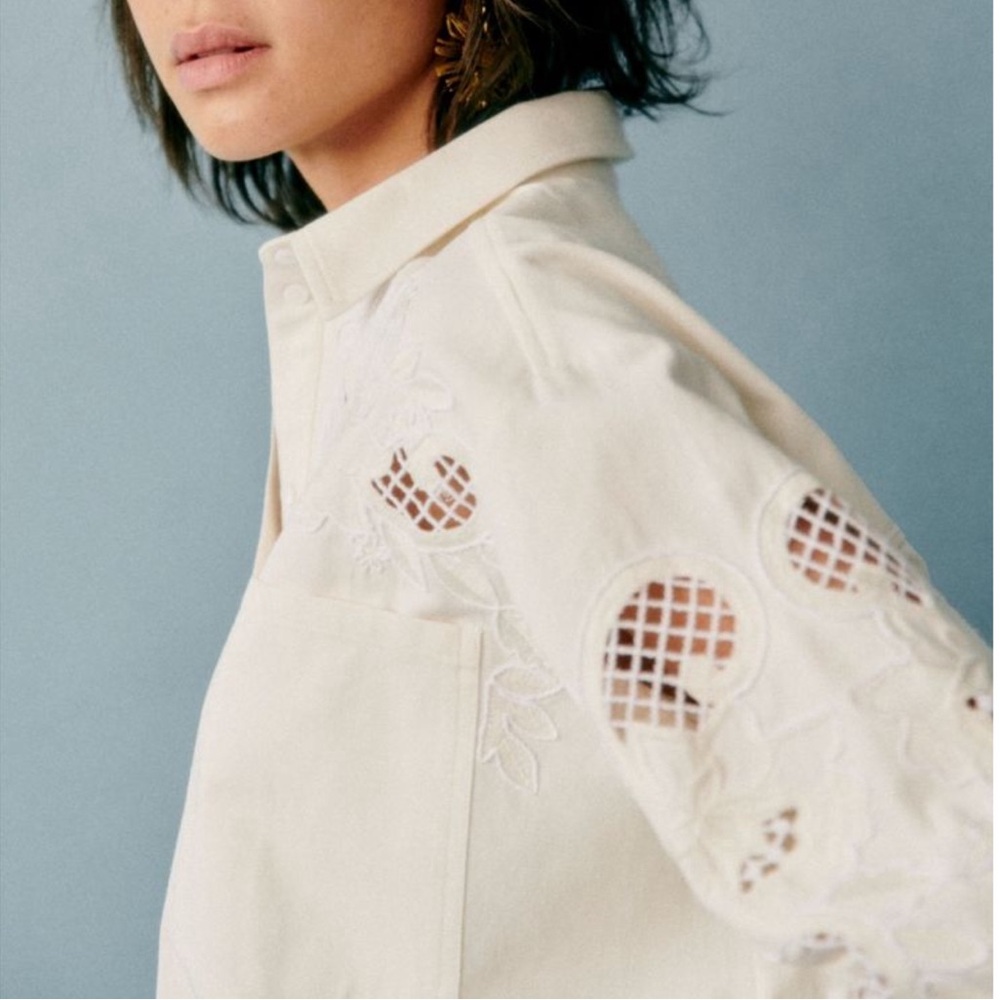 SEZANE NWT Ecru Floral Embroidered Cut Out Oversized Button Down Naora Shirt - Picture 13 of 17